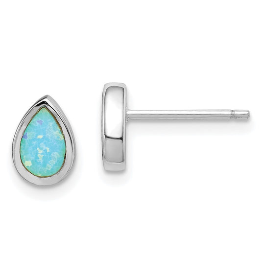 QE15303 Sterling Silver RH-pltd Polished Blue Created Opal Teardrop Stud Earrings