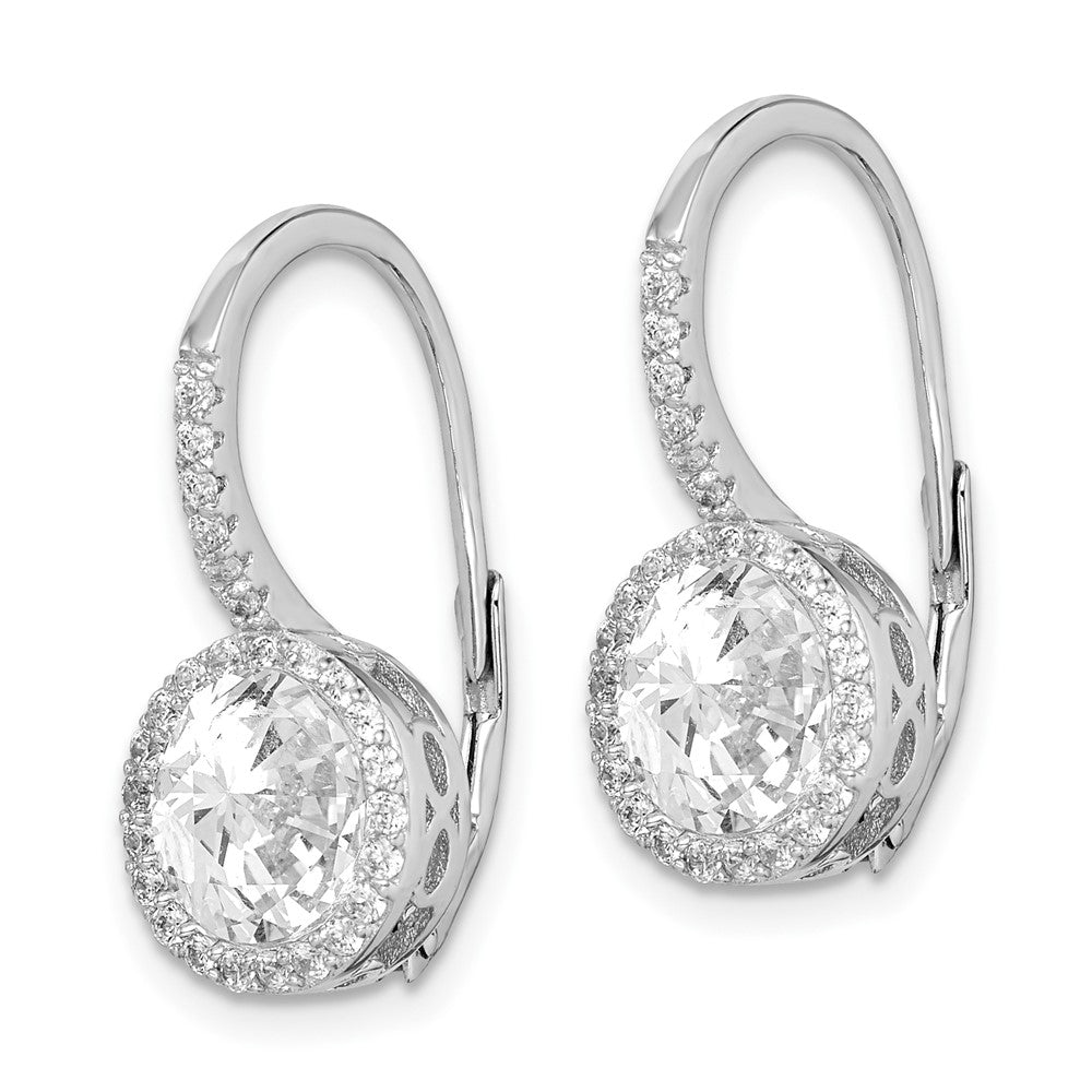 QE15306 Sterling Silver Rhodium-plated Polished Round CZ Halo Leverback Earrings