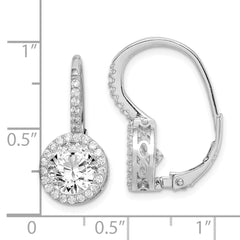 QE15306 Sterling Silver Rhodium-plated Polished Round CZ Halo Leverback Earrings