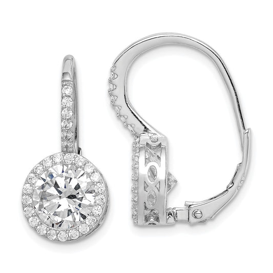 QE15306 Sterling Silver Rhodium-plated Polished Round CZ Halo Leverback Earrings