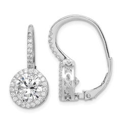QE15306 Sterling Silver Rhodium-plated Polished Round CZ Halo Leverback Earrings