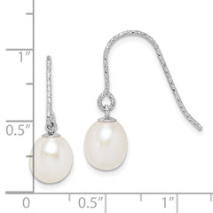 QE15309 Sterling Silver Rhodium-plated Diamond-cut 6-7mm White Teardrop Freshwater Cultured Pearl Dangle Earrings