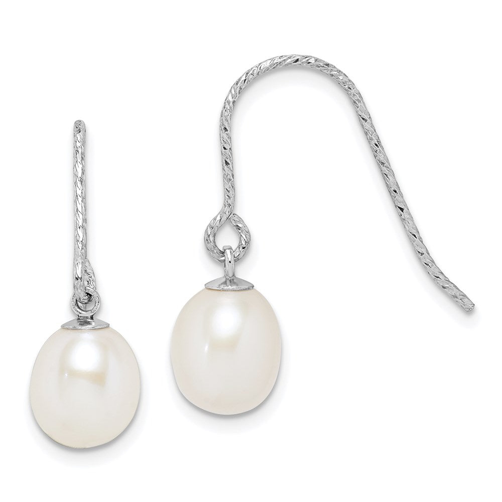 QE15309 Sterling Silver Rhodium-plated Diamond-cut 6-7mm White Teardrop Freshwater Cultured Pearl Dangle Earrings