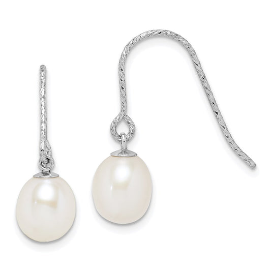 QE15309 Sterling Silver Rhodium-plated Diamond-cut 6-7mm White Teardrop Freshwater Cultured Pearl Dangle Earrings