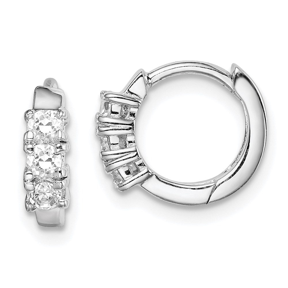 QE15317 Sterling Silver RH-plated 3-stone CZ 2x11mm Hinged Hoop Earrings