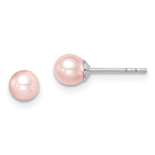 QE15339 Sterling Silver Madi K Rhodium-plated 4-5mm Pink Round Freshwater Cultured Pearl Post Earrings