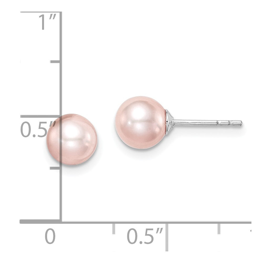 QE15341 Sterling Silver Madi K Rhodium-plated 6-7mm Pink Round Freshwater Cultured Pearl Post Earrings