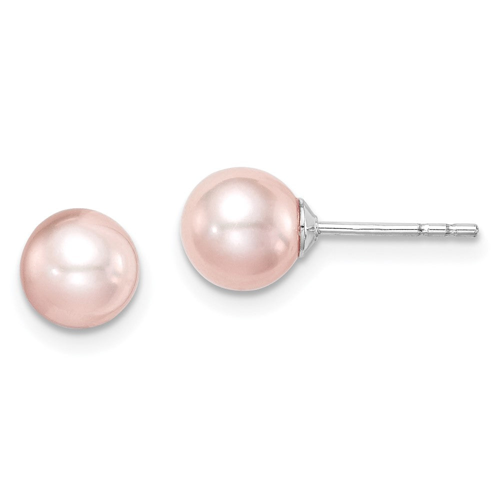 QE15341 Sterling Silver Madi K Rhodium-plated 6-7mm Pink Round Freshwater Cultured Pearl Post Earrings