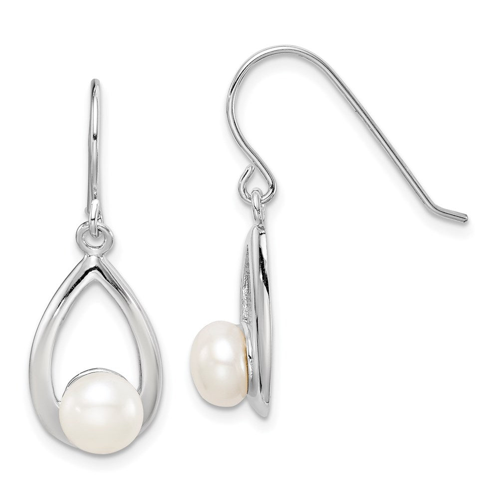 QE15357 Sterling Silver Rhodium-plated 6-7mm White Freshwater Cultured Pearl Teardrop Dangle Earrings