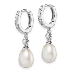 QE15358 Sterling Silver Rhodium-plated 7-8mm White Freshwater Cultured Pearl and CZ Hoop Dangle Earrings