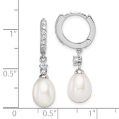 QE15358 Sterling Silver Rhodium-plated 7-8mm White Freshwater Cultured Pearl and CZ Hoop Dangle Earrings