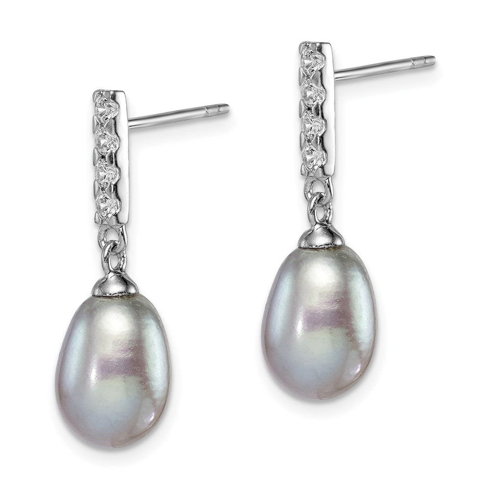 QE15359 Sterling Silver Rhodium-plated 8-9mm Grey Teardrop Freshwater Cultured Pearl and CZ Post Dangle Earrings