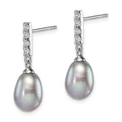 QE15359 Sterling Silver Rhodium-plated 8-9mm Grey Teardrop Freshwater Cultured Pearl and CZ Post Dangle Earrings