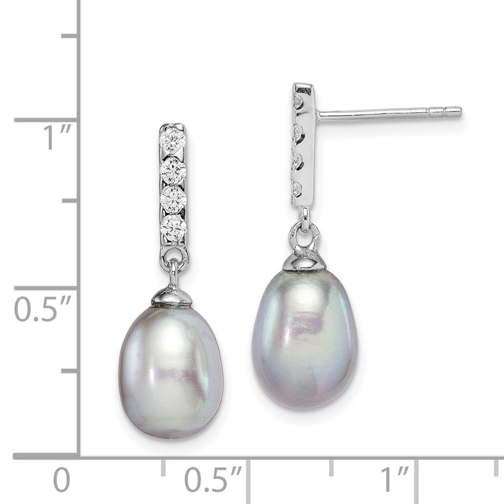 QE15359 Sterling Silver Rhodium-plated 8-9mm Grey Teardrop Freshwater Cultured Pearl and CZ Post Dangle Earrings