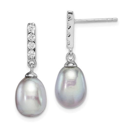 QE15359 Sterling Silver Rhodium-plated 8-9mm Grey Teardrop Freshwater Cultured Pearl and CZ Post Dangle Earrings