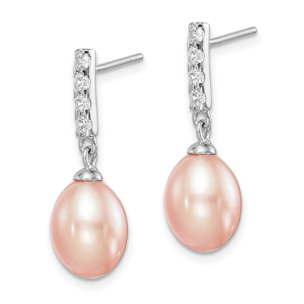 QE15360 Sterling Silver Rhodium-plated 8-9mm Pink Teardrop Freshwater Cultured Pearl and CZ Post Dangle Earrings