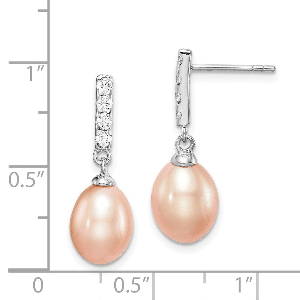QE15360 Sterling Silver Rhodium-plated 8-9mm Pink Teardrop Freshwater Cultured Pearl and CZ Post Dangle Earrings