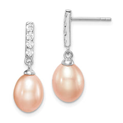 QE15360 Sterling Silver Rhodium-plated 8-9mm Pink Teardrop Freshwater Cultured Pearl and CZ Post Dangle Earrings