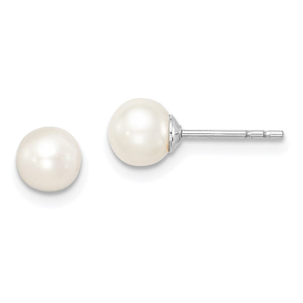 QE15362 Sterling Silver Madi K Rhodium-plated 5-6mm White Round Freshwater Cultured Pearl Post Earrings