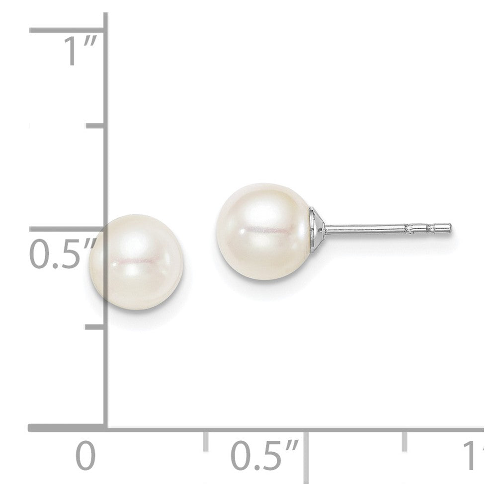 QE15363 Sterling Silver Madi K Rhodium-plated 6-7mm White Round Freshwater Cultured Pearl Post Earrings