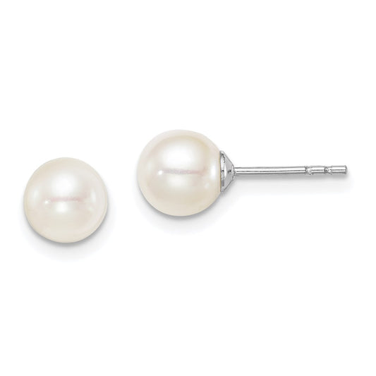 QE15363 Sterling Silver Madi K Rhodium-plated 6-7mm White Round Freshwater Cultured Pearl Post Earrings