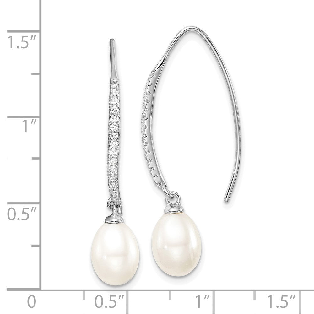 QE15366 Sterling Silver Rhodium-plated 7-8mm White Teardrop Freshwater Cultured Pearl and CZ Threader Earrings
