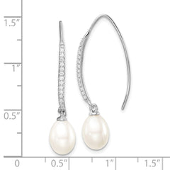 QE15366 Sterling Silver Rhodium-plated 7-8mm White Teardrop Freshwater Cultured Pearl and CZ Threader Earrings
