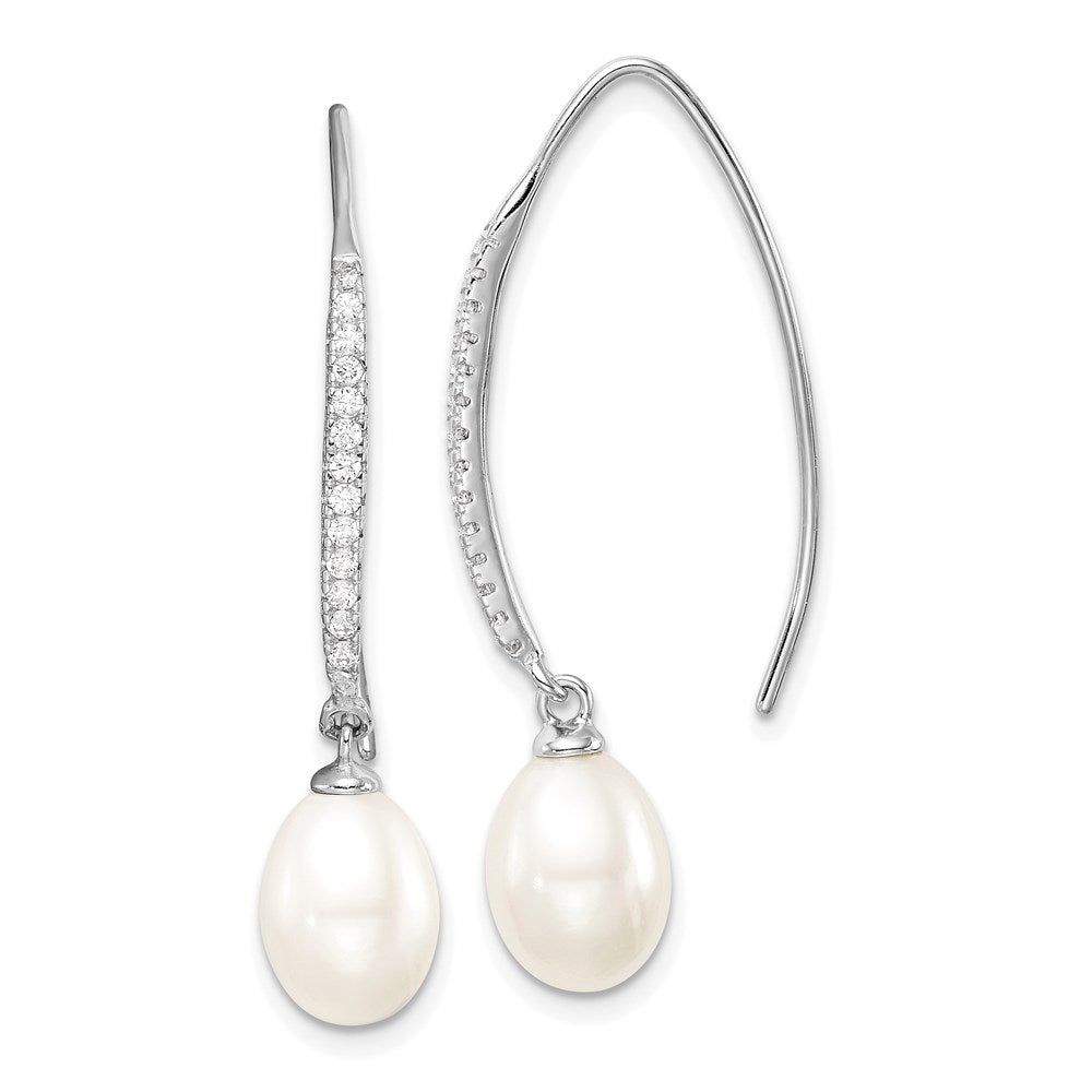 QE15366 Sterling Silver Rhodium-plated 7-8mm White Teardrop Freshwater Cultured Pearl and CZ Threader Earrings