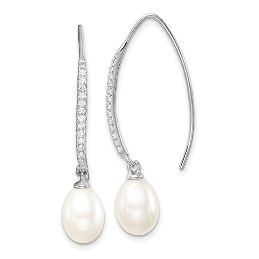 QE15366 Sterling Silver Rhodium-plated 7-8mm White Teardrop Freshwater Cultured Pearl and CZ Threader Earrings