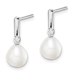 QE15377 Sterling Silver Rhodium-plated 7-8mm White Rice Freshwater Cultured Pearl and CZ Post Dangle Earrings