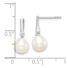QE15377 Sterling Silver Rhodium-plated 7-8mm White Rice Freshwater Cultured Pearl and CZ Post Dangle Earrings