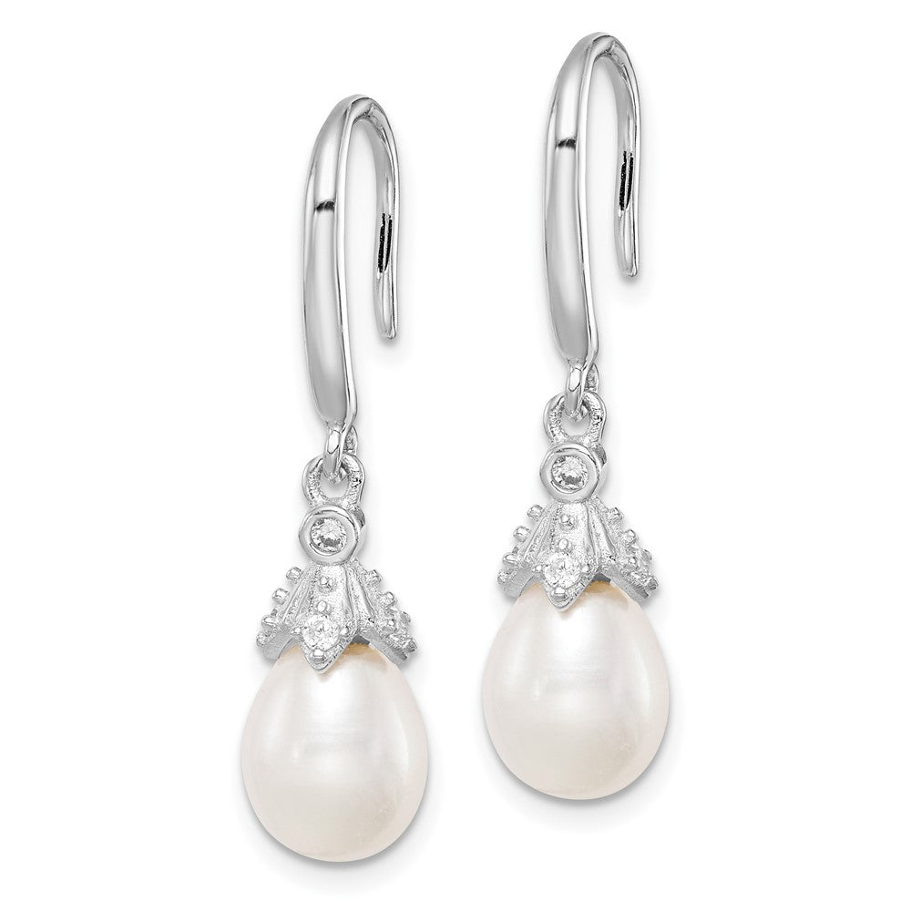 QE15378 Sterling Silver Rhodium-plated 7-8mm White Teardrop Freshwater Cultured Pearl and CZ Dangle Earrings