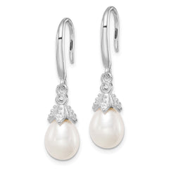 QE15378 Sterling Silver Rhodium-plated 7-8mm White Teardrop Freshwater Cultured Pearl and CZ Dangle Earrings