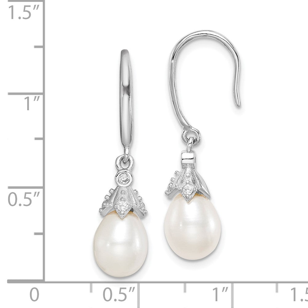 QE15378 Sterling Silver Rhodium-plated 7-8mm White Teardrop Freshwater Cultured Pearl and CZ Dangle Earrings