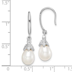 QE15378 Sterling Silver Rhodium-plated 7-8mm White Teardrop Freshwater Cultured Pearl and CZ Dangle Earrings
