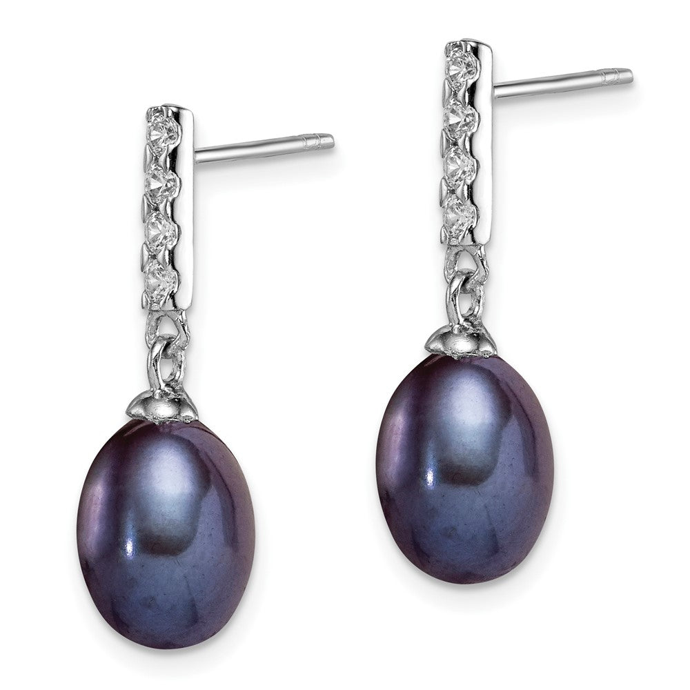 QE15379 Sterling Silver Rhodium-plated 8-9mm Black Teardrop Freshwater Cultured Pearl and CZ Post Dangle Earrings