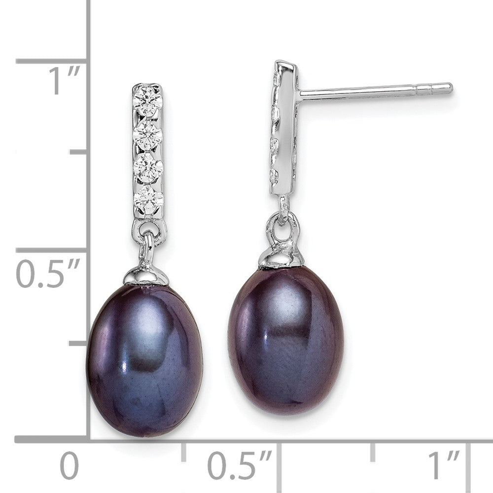 QE15379 Sterling Silver Rhodium-plated 8-9mm Black Teardrop Freshwater Cultured Pearl and CZ Post Dangle Earrings