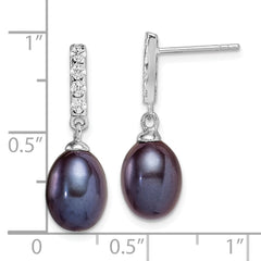 QE15379 Sterling Silver Rhodium-plated 8-9mm Black Teardrop Freshwater Cultured Pearl and CZ Post Dangle Earrings