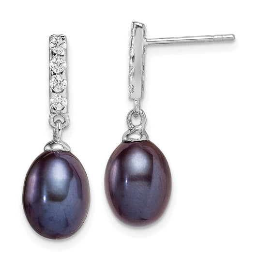QE15379 Sterling Silver Rhodium-plated 8-9mm Black Teardrop Freshwater Cultured Pearl and CZ Post Dangle Earrings