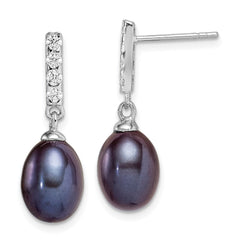QE15379 Sterling Silver Rhodium-plated 8-9mm Black Teardrop Freshwater Cultured Pearl and CZ Post Dangle Earrings