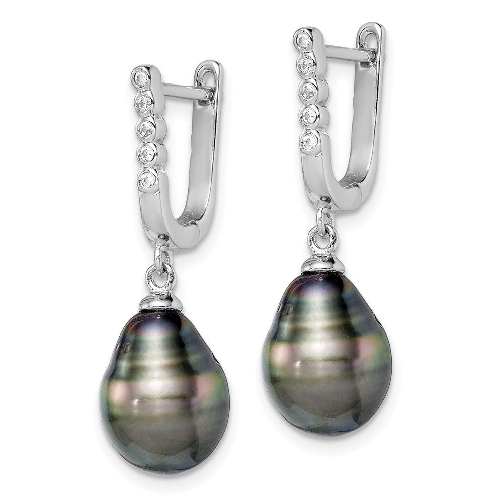 QE15380 Sterling Silver Rhodium-plated 9-10mm Black Teardrop Tahitian Saltwater Cultured Pearl and CZ Dangle Earrings