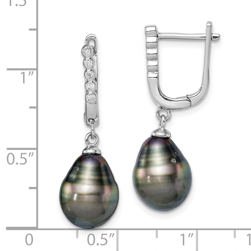 QE15380 Sterling Silver Rhodium-plated 9-10mm Black Teardrop Tahitian Saltwater Cultured Pearl and CZ Dangle Earrings