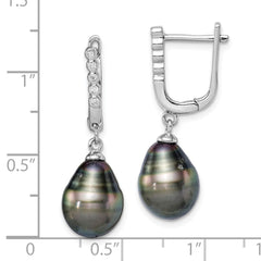 QE15380 Sterling Silver Rhodium-plated 9-10mm Black Teardrop Tahitian Saltwater Cultured Pearl and CZ Dangle Earrings