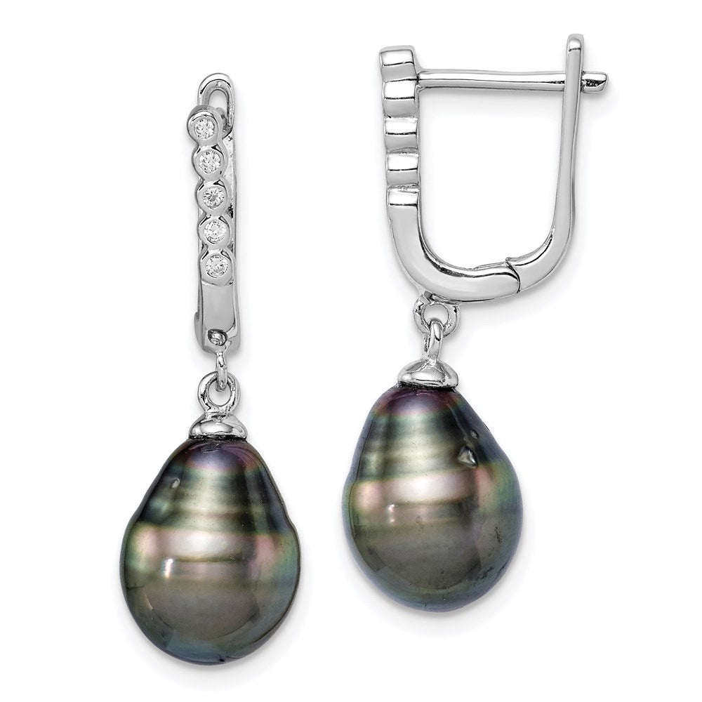 QE15380 Sterling Silver Rhodium-plated 9-10mm Black Teardrop Tahitian Saltwater Cultured Pearl and CZ Dangle Earrings