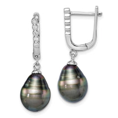 QE15380 Sterling Silver Rhodium-plated 9-10mm Black Teardrop Tahitian Saltwater Cultured Pearl and CZ Dangle Earrings