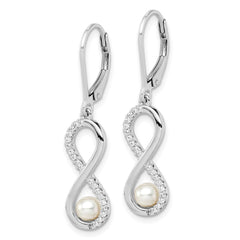 QE15381 Sterling Silver Rhodium-plated 4-5mm White Freshwater Cultured Pearl and CZ Infinity Dangle Leverback Earrings