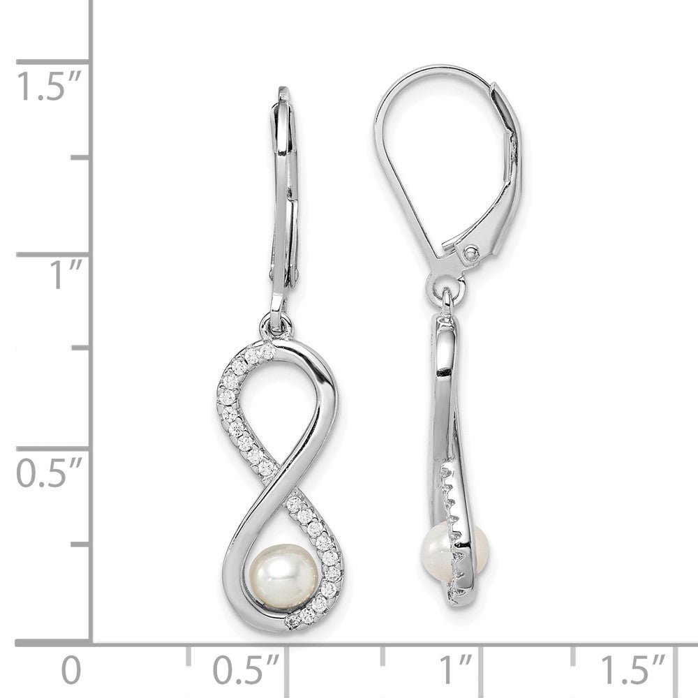 QE15381 Sterling Silver Rhodium-plated 4-5mm White Freshwater Cultured Pearl and CZ Infinity Dangle Leverback Earrings