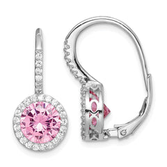QE15392 Sterling Silver RH-plated Polished Pink & White CZ Halo Leverback Earrings