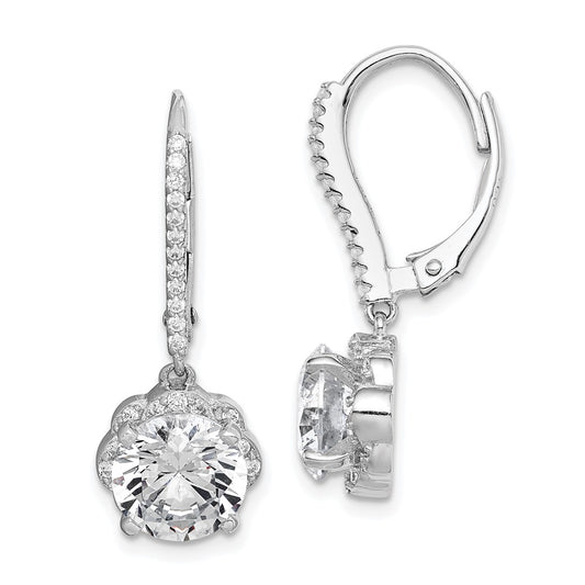 QE15395 Sterling Silver Rhodium-plated Polished CZ Flower Leverback Earrings