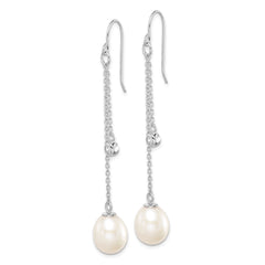 QE15396 Sterling Silver Rhodium-plated 9-10mm White Teardrop Freshwater Cultured Pearl and CZ Dangle Earrings